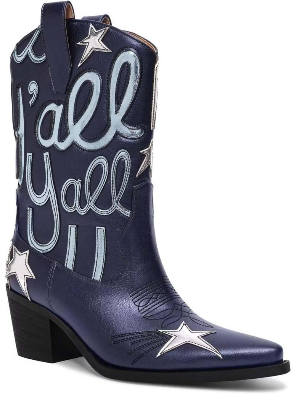 Women's Navy Cowgirl Boot Mid Calf Pointed Toe Low Chunky Heel Metallic Pull On